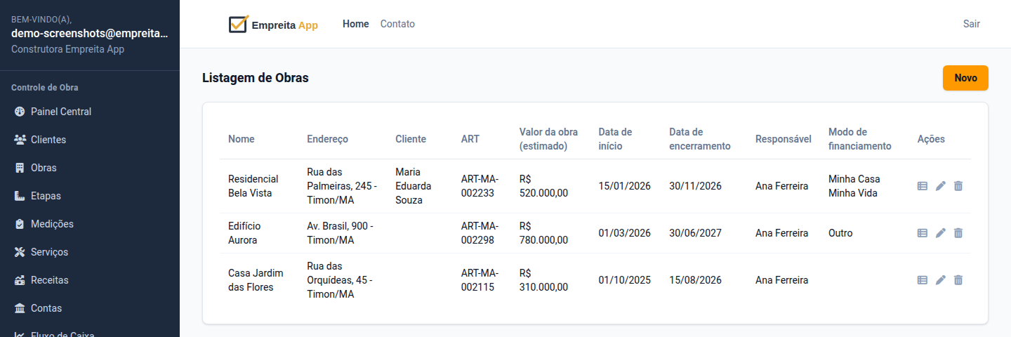 Tela de listagem de Obras do Empreita App, com endereço, valor e responsável de cada obra